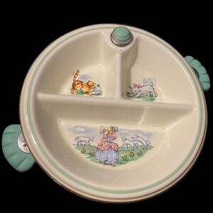 Bartsch Hot Water Baby Food Warmer Divided Plate Green Little Bo Peep 1940's